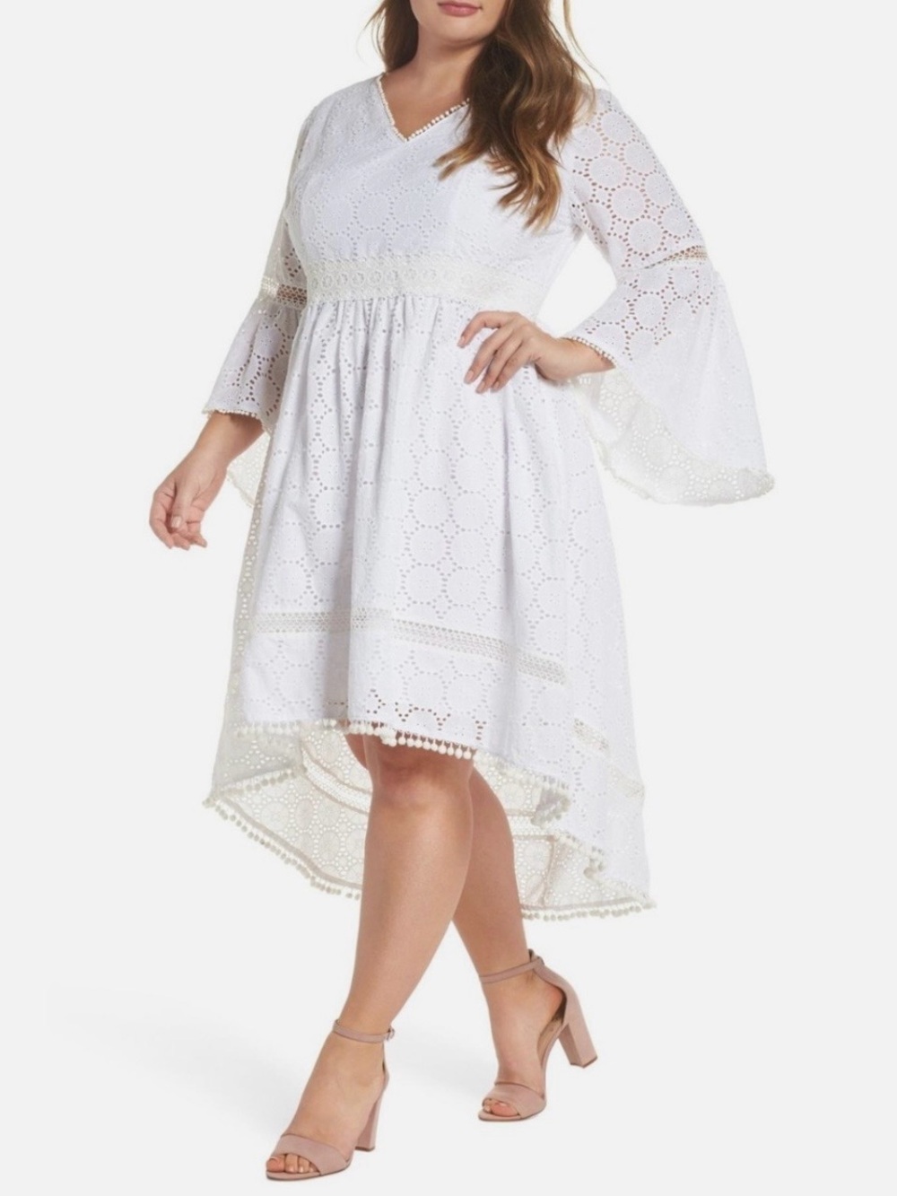 Eliza J White Eyelet High-Low Dress with Bell Sleeves.